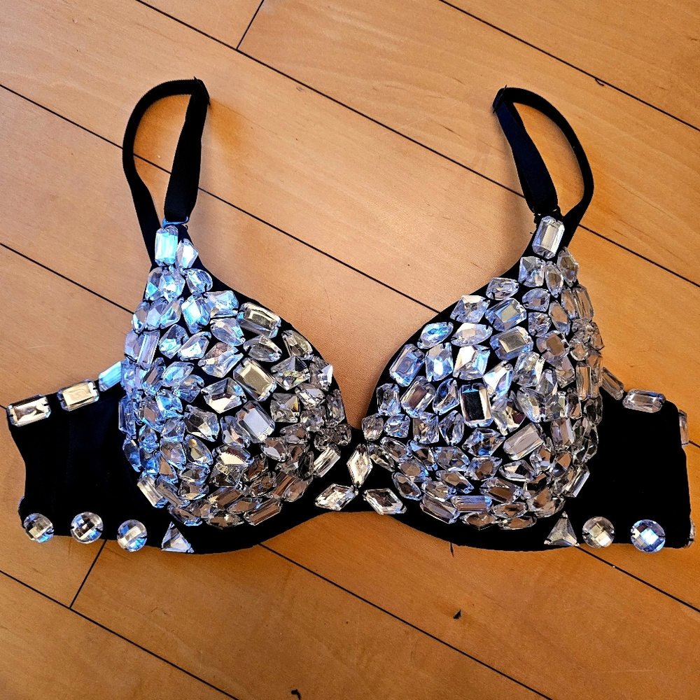 Crystal Embellished Black Bra